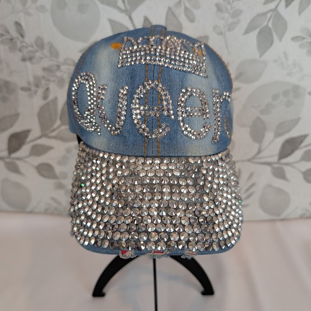 "QUEEN" with Crown Studded Blue Jean Distressed Baseball Cap Style Hat by NoLLia - Picture 3 of 8